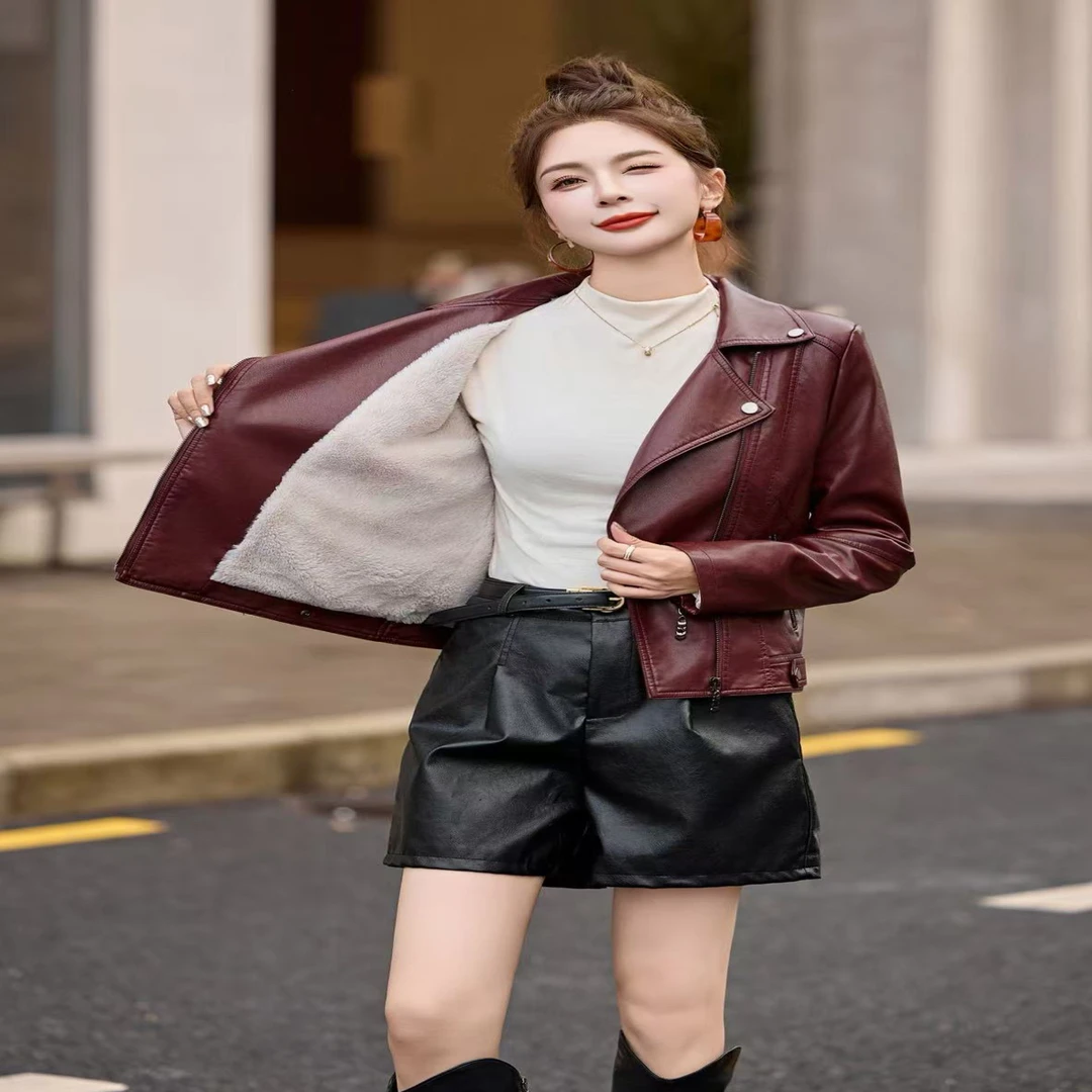 809#【衣长53】冬季拉链轻职风短款拼接长袖皮衣上衣外套加绒显瘦