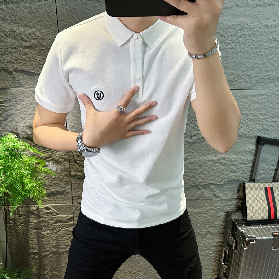 欧洲站简约短袖男t恤修身翻领刺绣Polo衫时尚高端潮流半袖男装夏