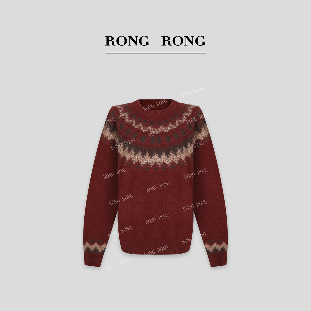 溶溶J【复古步调】RONGRONG 绵羊毛浣熊绒圆领费尔岛提花毛衣 RR361