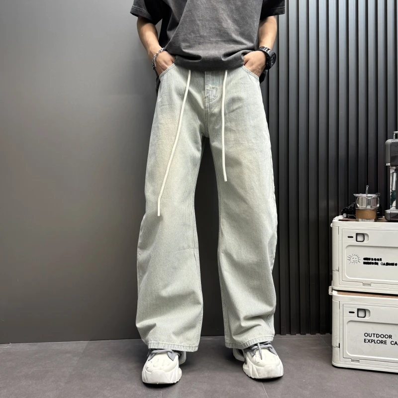条纹蓝色纯色做旧牛仔阔腿裤2025新款男士男士微弹做旧棉70%阔腿