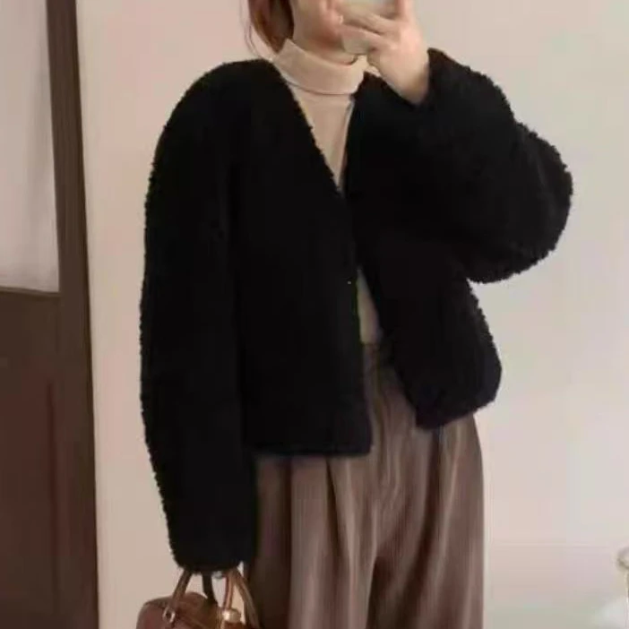 秋冬新品！女士秋冬季时尚V领皮毛一体毛绒外套E698
