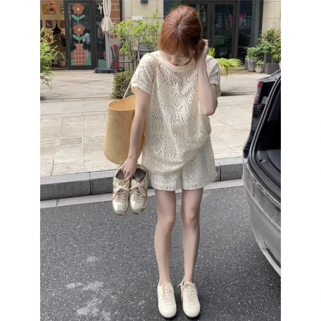 特大码300斤镂空蕾丝时尚套装女宽松休闲短袖上衣短裤两件套装isn