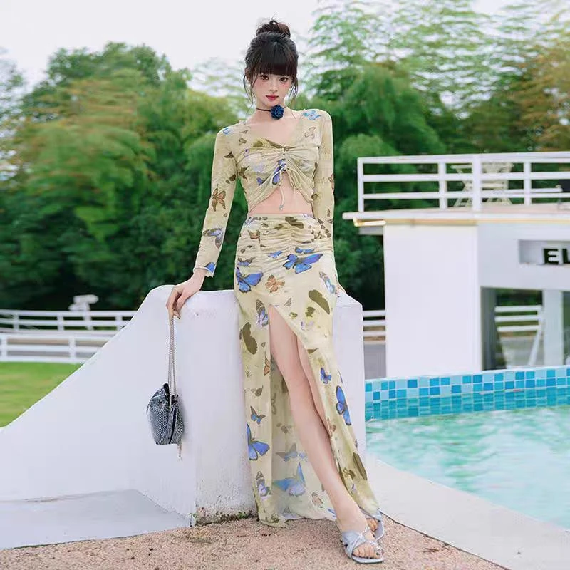 复古分体高级感温泉泳衣修身显瘦露背适合微胖女孩时尚欧美风