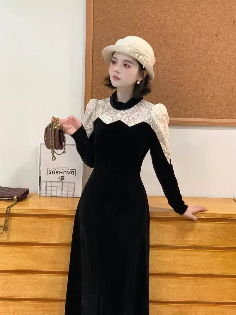 【晨浠定制】新款法式蕾丝拼接丝绒收腰连衣裙88035