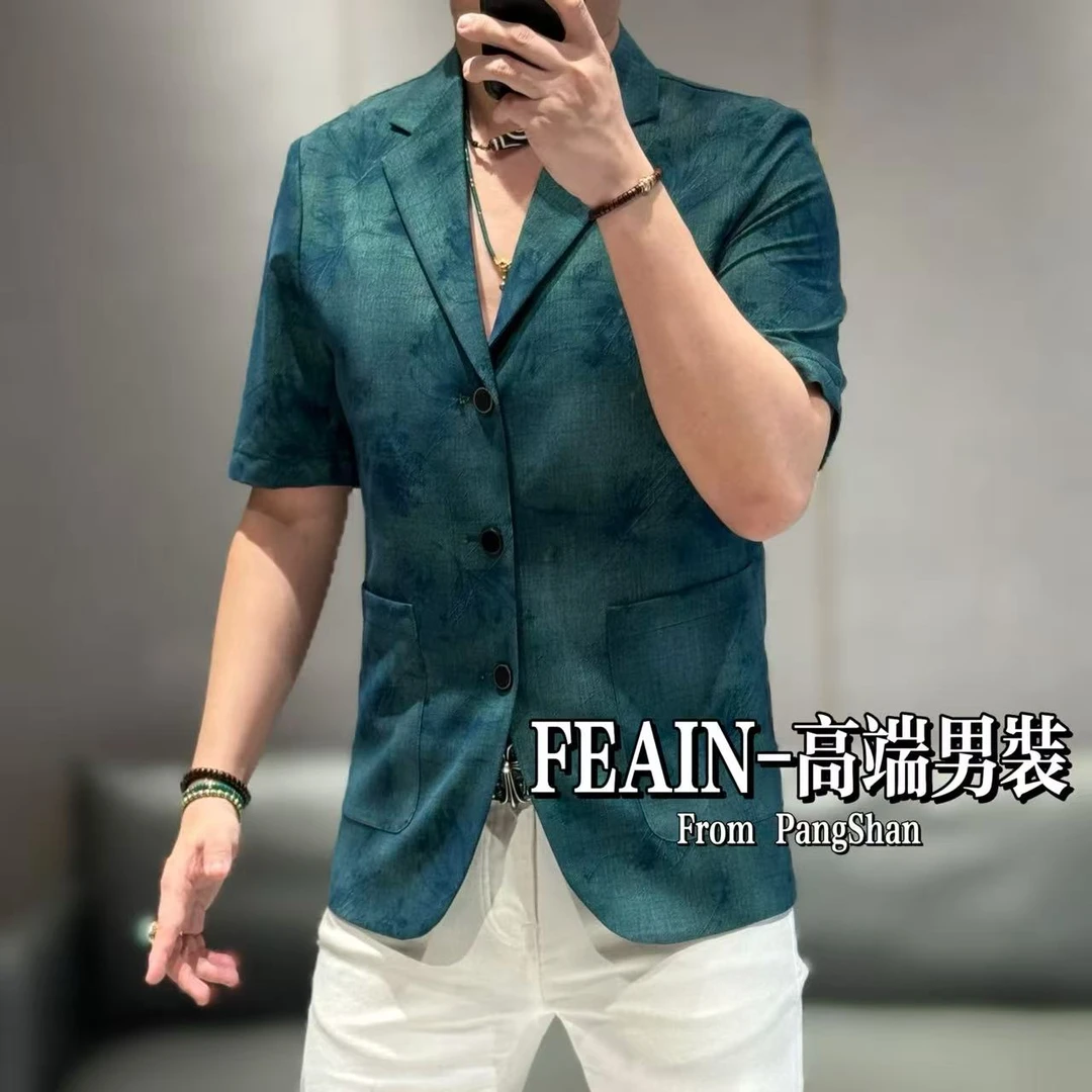 高端定制男士梦幻琉璃砂工艺立体修身裁剪花枝图案短袖小西装5077