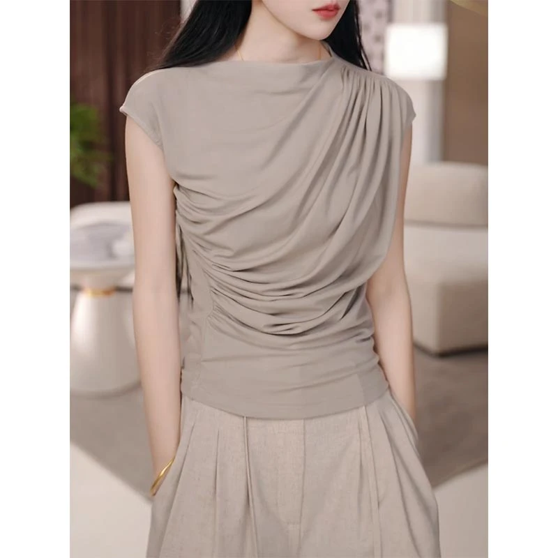 2025夏季新款韩版设计感不对称褶皱短款无袖T恤女高级感百搭上衣
