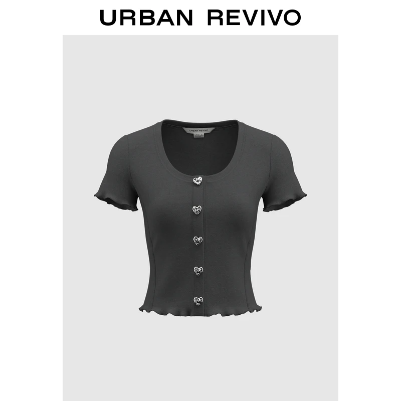 UR2025秋季新款女装潮流时尚爱心纽扣荷叶边修身T恤UYV450237