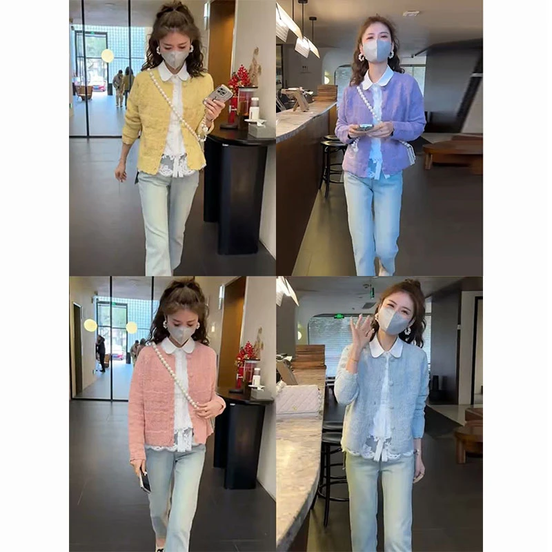 春季一整套女装2025新款韩版针织毛衣蕾丝百搭衬衫直筒长裤三件套
