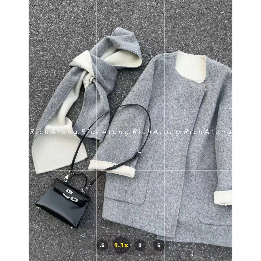 atong/阿彤-【双色灰】-2025 圆领双色双面围巾款手工大衣