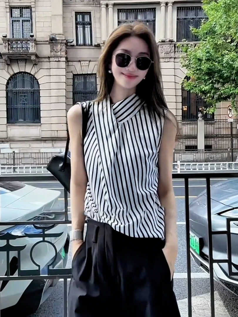 2025新款法式小资上衣设计感小众不撞款轻奢高级感条纹无袖衬衫夏