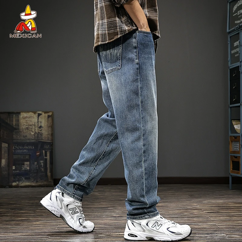 Mexican/稻草人春季直筒牛仔裤男款美式复古宽松休闲男士弹力裤子