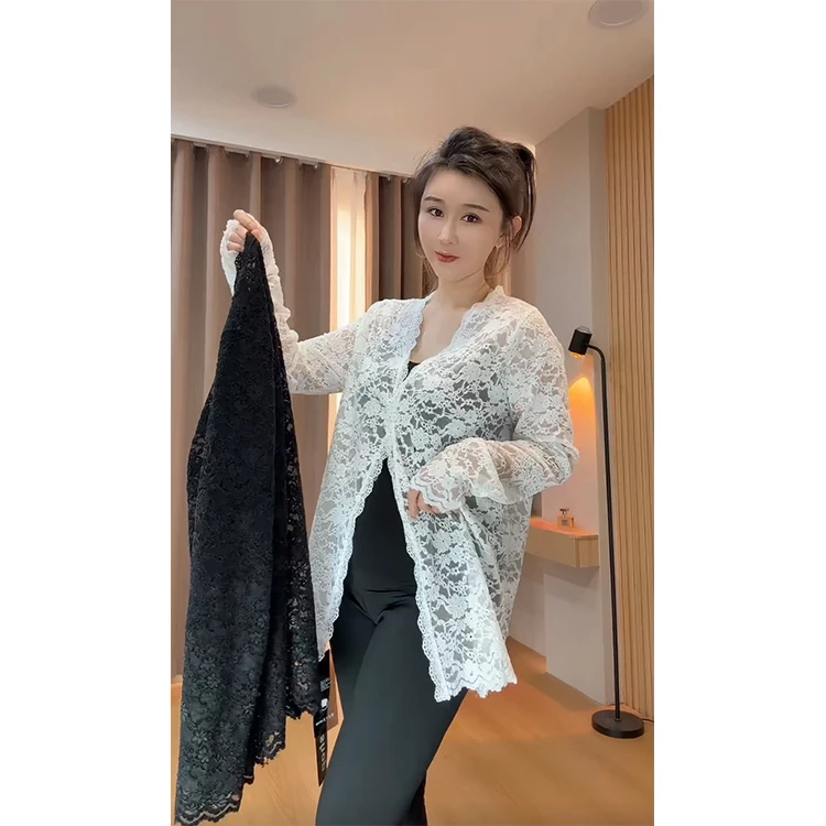 欧货早春新款蕾丝洋气开衫V领长袖爆款外套气质百搭上衣女