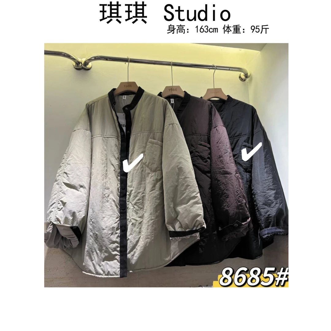《琪琪家》秋季新款设计拼接牛仔领单排摁扣加棉衬衫外套8685-CS