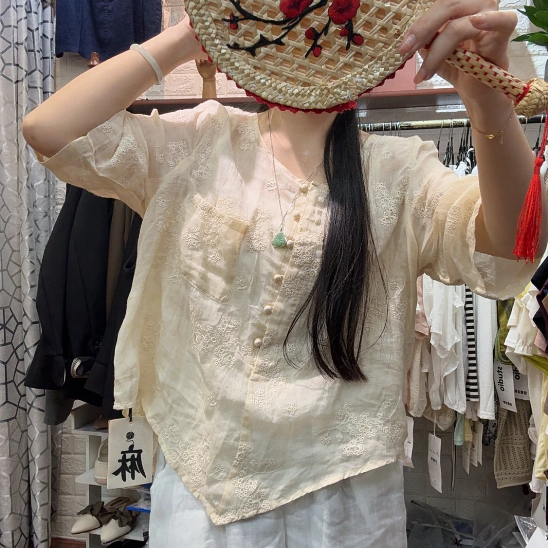 新中式复古民族风重工刺绣宽松棉麻苎麻衬衫女
