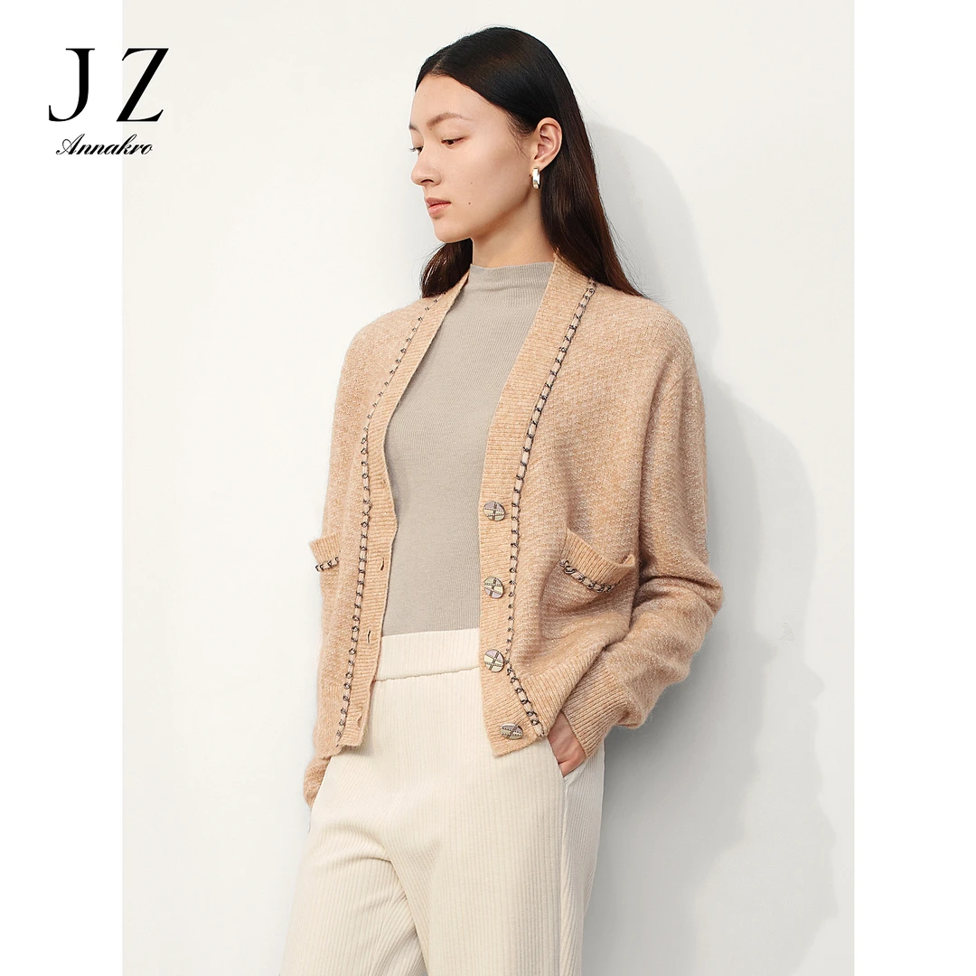 【丽公主专属】玖姿安娜蔻JTDD30627休闲优雅V领落肩长袖开衫毛衫女