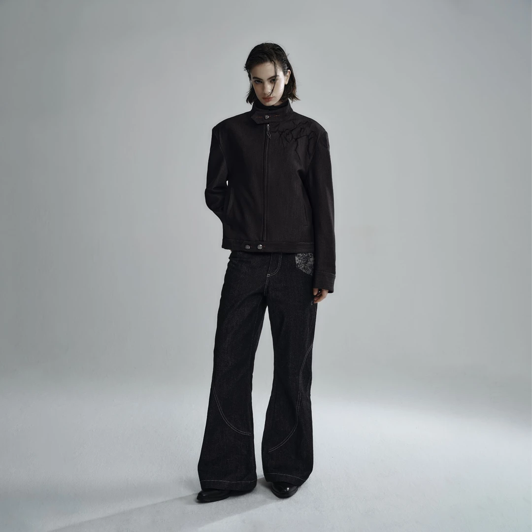 Hype yourself「折棘」竖纹光泽荆棘立体刺绣 绑带红线扣薄垫肩夹克