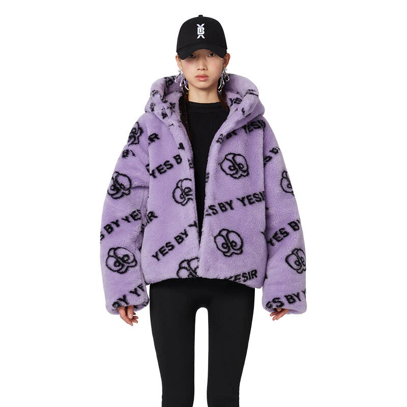 叶谦原创设计师紫色蝶兰绒连帽棉服22FL19088