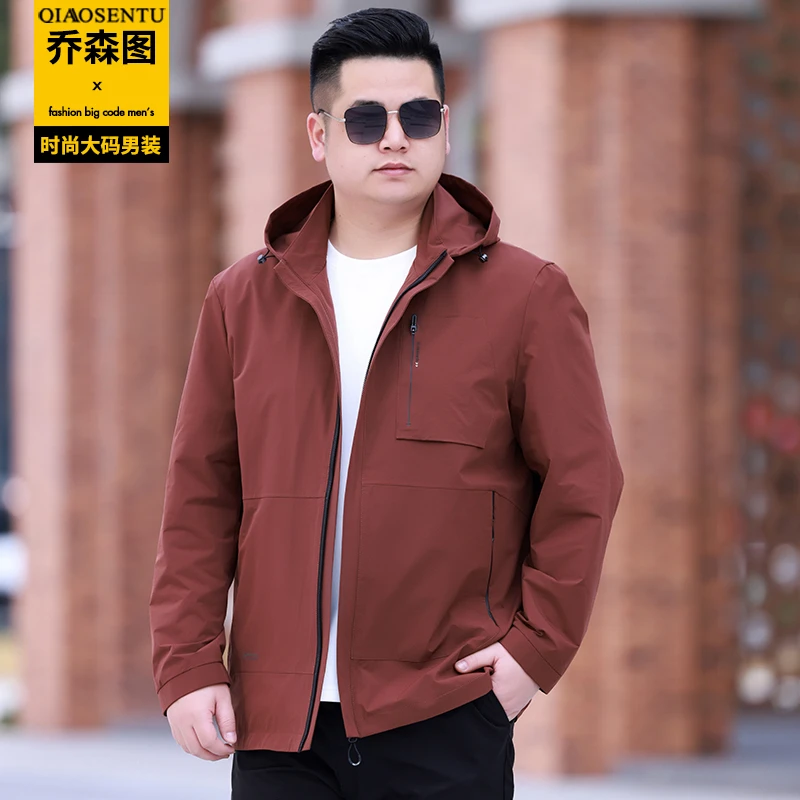 春季加肥加大码休闲宽松红色夹克外套胖子肥佬脱卸帽户外防风茄克