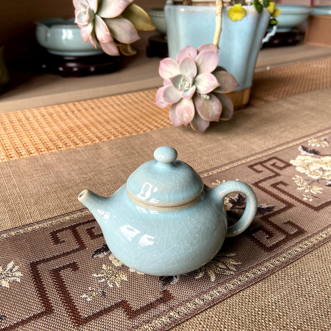 汝州原产地刘恩霞汝瓷原矿玛瑙天青釉茶壶送礼收藏