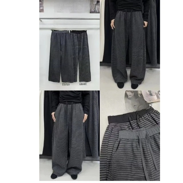 撞色腰头加绒条纹裤时尚女百搭