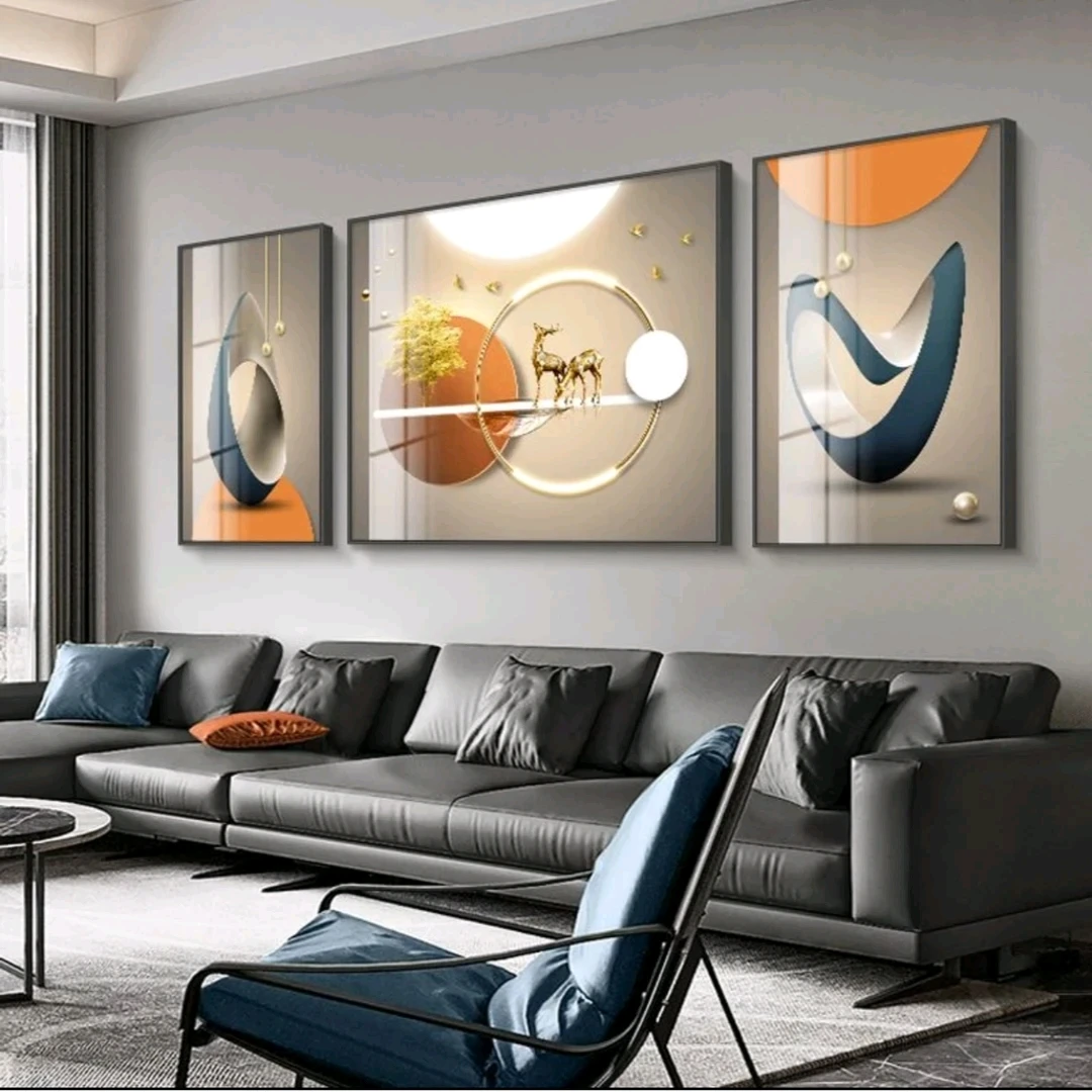 KT99晶瓷镶钻福鹿生花现代新中式山水挂画客厅沙发背景墙挂画