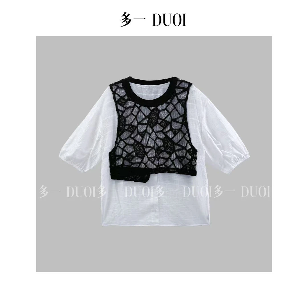 多一“纹路”2025夏季小众菱格蕾丝马甲拼接假两件宽松圆领短袖衬衫