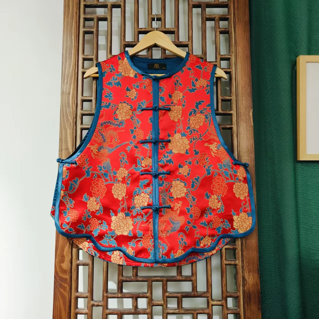 （LS485-4）凤徕兮私人定制红色凤穿牡丹暗纹花对襟盘扣圆领短马甲