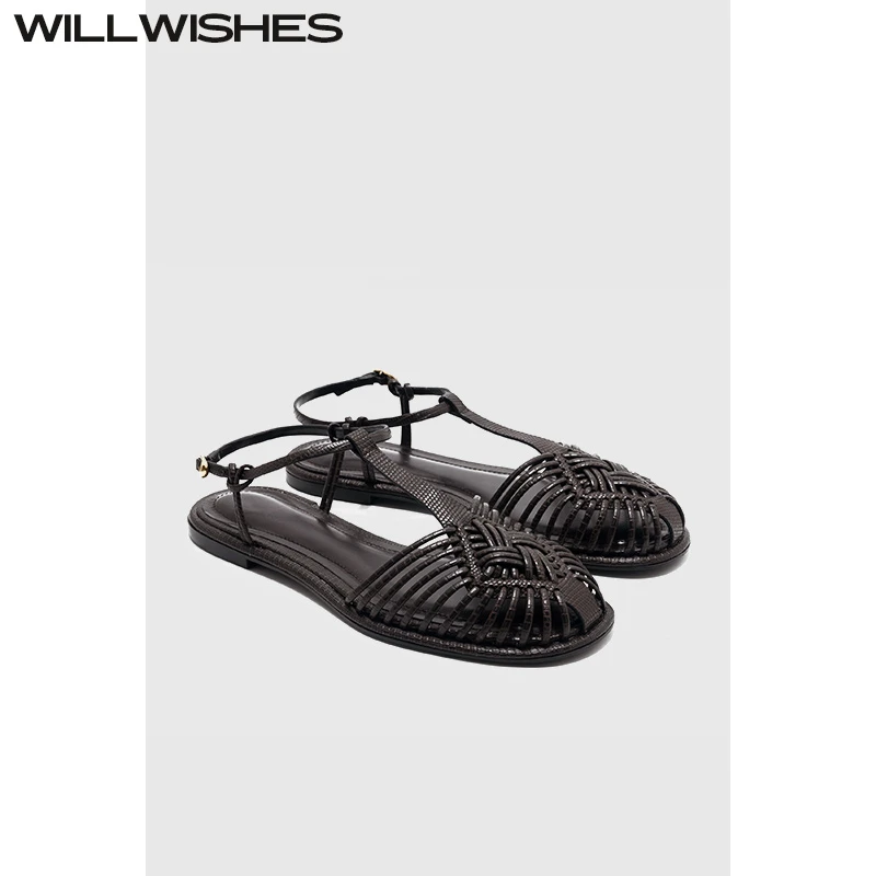 WILLWISHES/王玎原创设计夏季仙女风罗马鞋女编织镂空平底凉鞋女