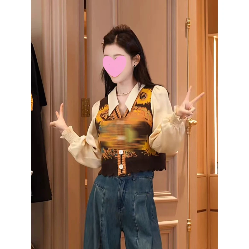 多娜同款女装美式复古向日葵假两件上衣女2025秋季款拼接马甲衬衫
