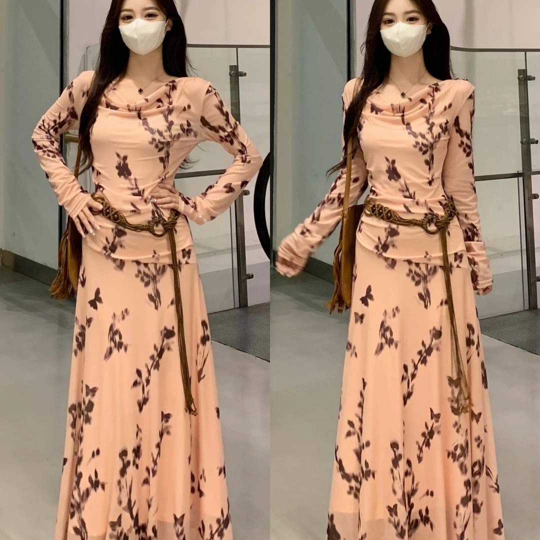 大码微胖法式碎花连衣裙女秋季复古气质大摆裙胖MM遮肚子显瘦裙子