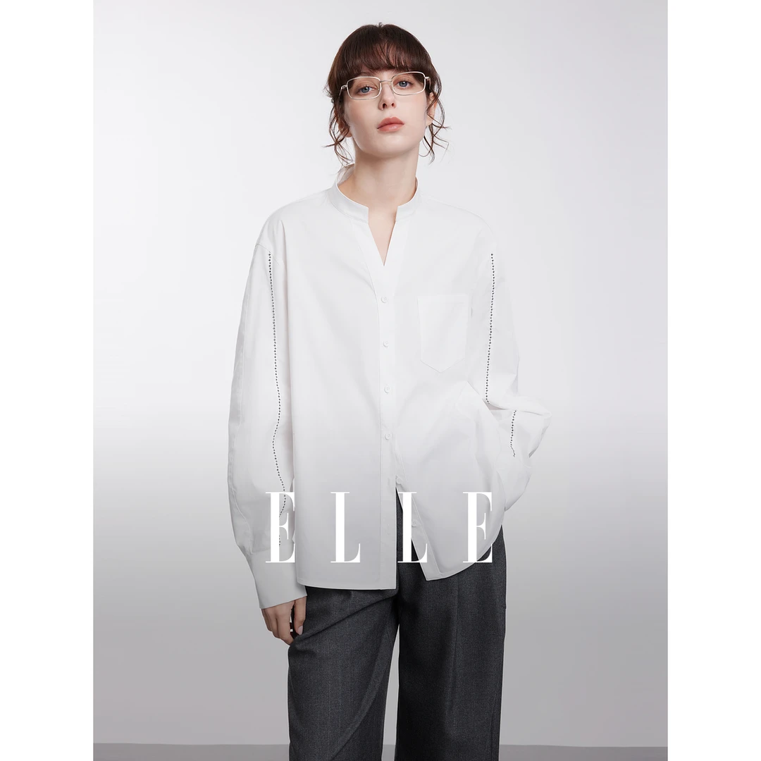 ELLE法式气质V领长袖白色衬衫2025新款衬衣女春秋外穿上衣EC50807
