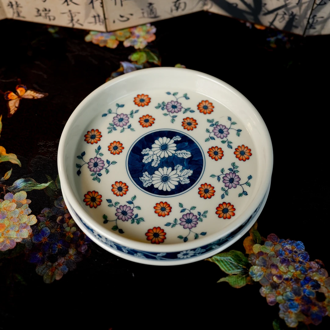 【景墨春风】手工手绘二号釉斗彩小雏菊壶承 17cm