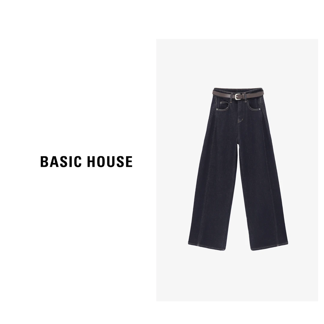 Basic House/百家好冬季复古高腰阔腿加绒宽松牛仔裤-B06245S8612