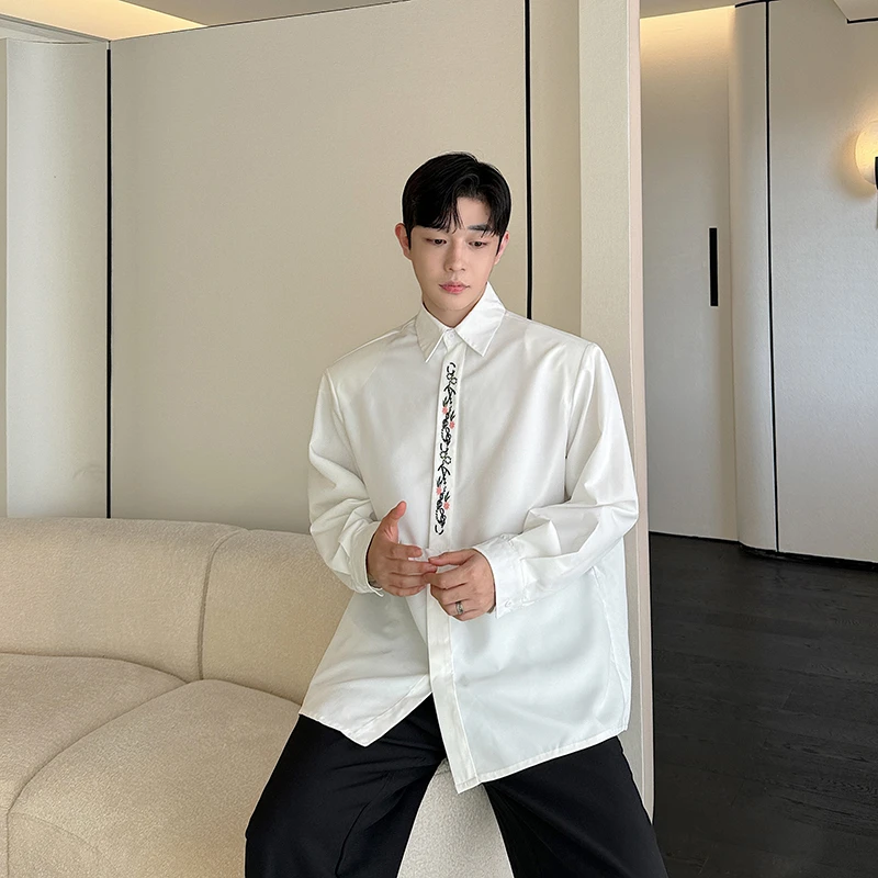 H2171门襟小花朵刺绣简约长袖衬衫时尚潮流穿搭造型设计上衣