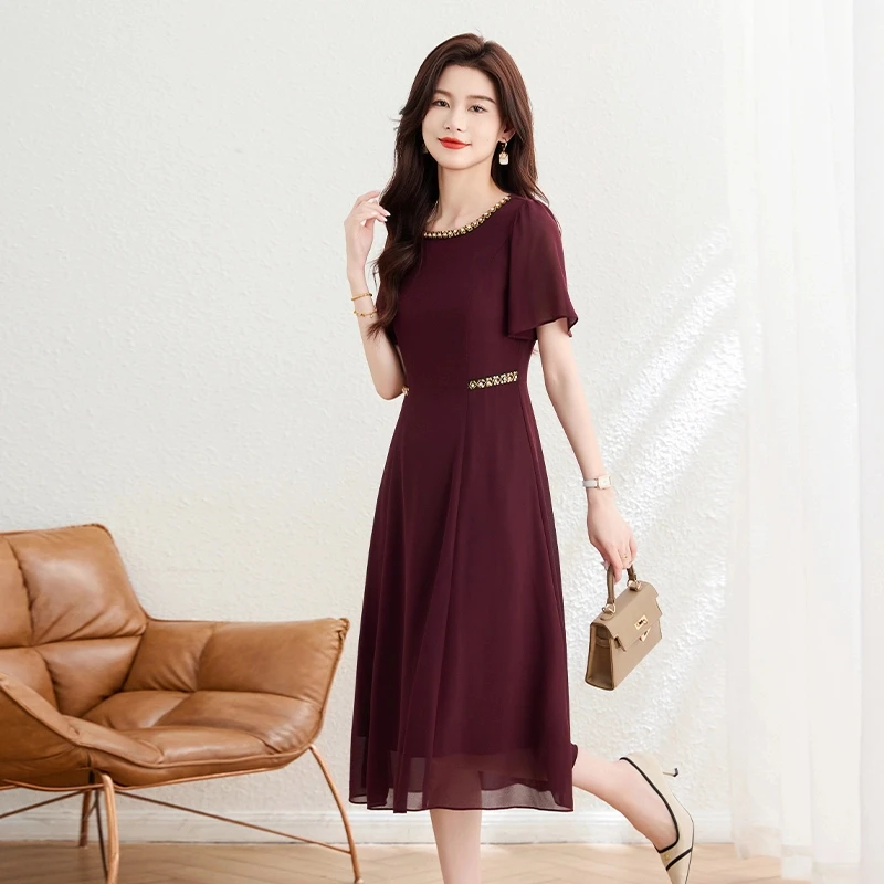 红色连衣裙女夏2025新款喜婆婆妈妈结婚宴礼服高端十三行裙子