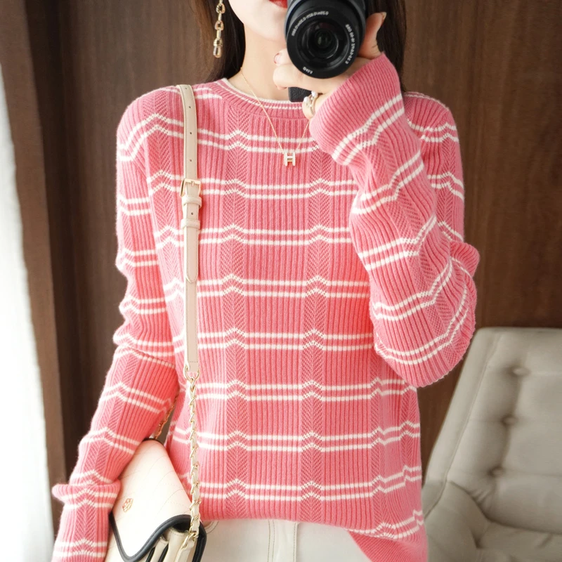 圆领软糯毛衣女秋冬内搭上衣宽松外穿学生黑白条纹针织打底衫A411