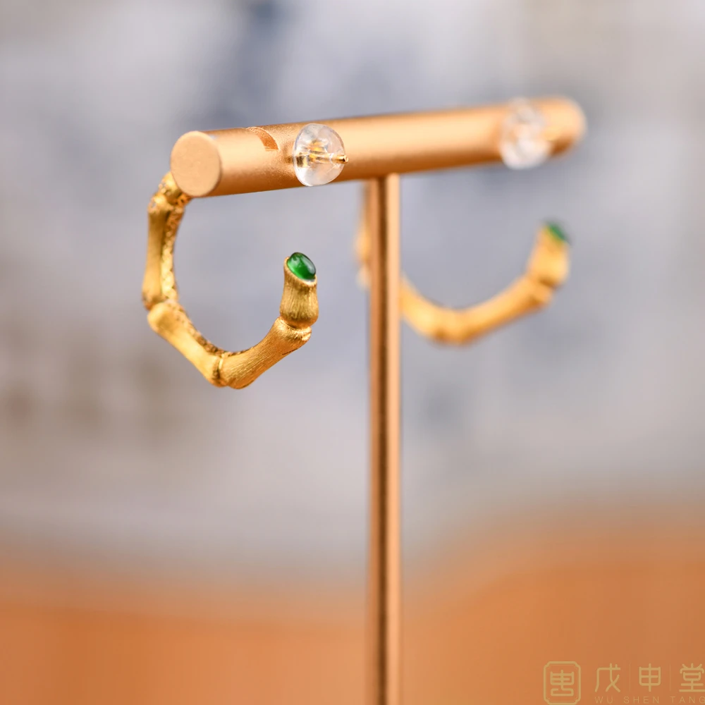 戊申堂翡翠竹节耳饰非遗古法宫廷款耳环 国风珠宝