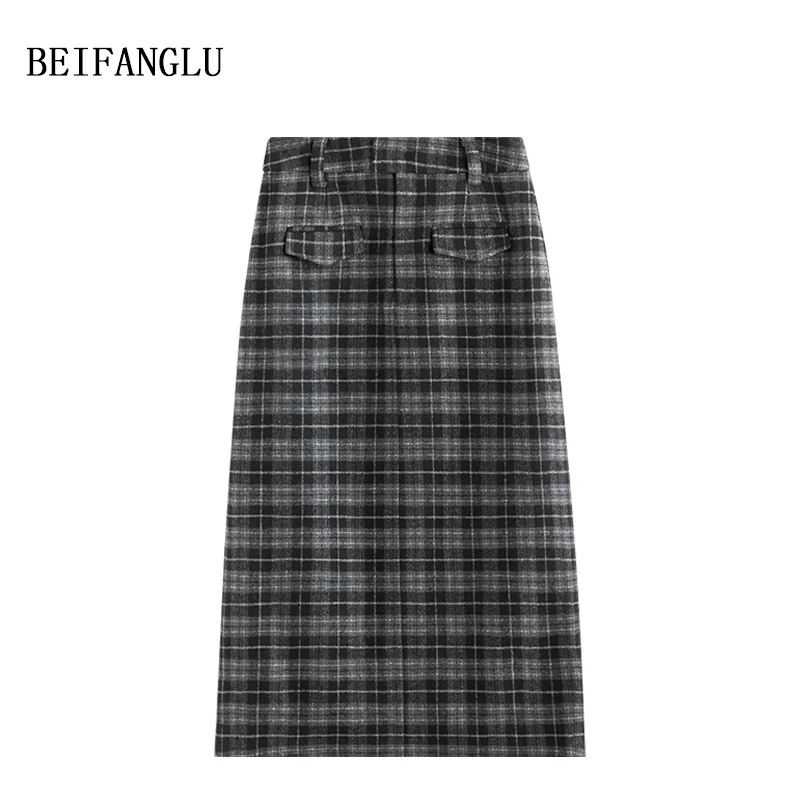 北方鹿【复古格纹毛呢半裙】2025新品气质显瘦中长款A字裙女YH10005