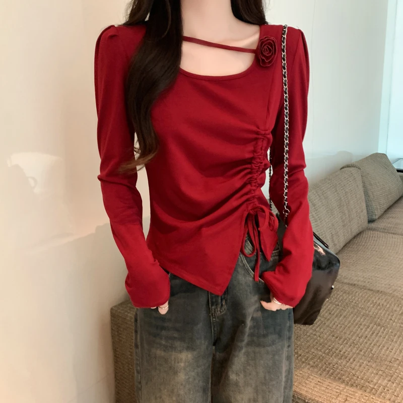 辣妹立体玫瑰花抽绳显瘦T恤女早秋新款红色洋气时尚纯欲风上衣