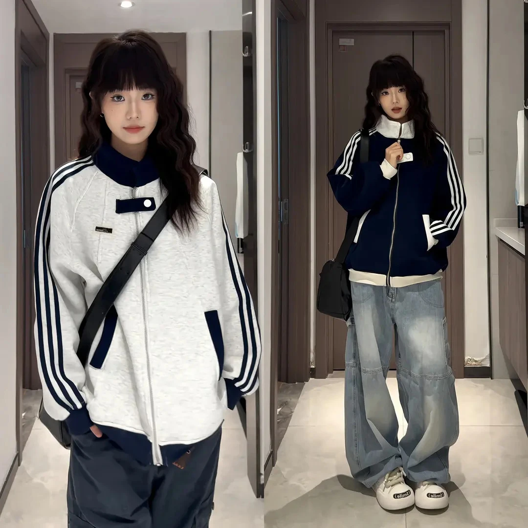 重磅卫衣外套男生美式潮牌拼接撞色开衫秋季学院风立领棒球服夹克