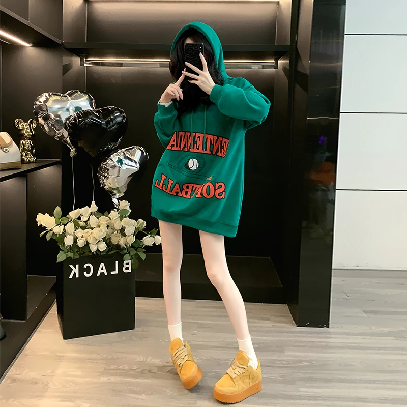 网红洋气炸街绿色连帽卫衣女秋冬复古慵懒韩版休闲宽松显瘦外套潮