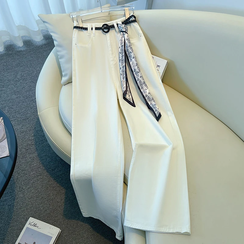 高奢秋季款米白色阔腿裤2025新款莱赛尔棉料长裤女士直筒牛仔裤