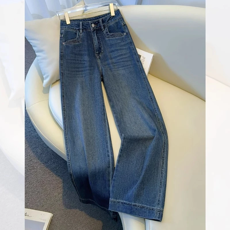 高腰蓝色阔腿牛仔裤女春秋2025新款梨型身材粗腿宽胯九分直筒裤子