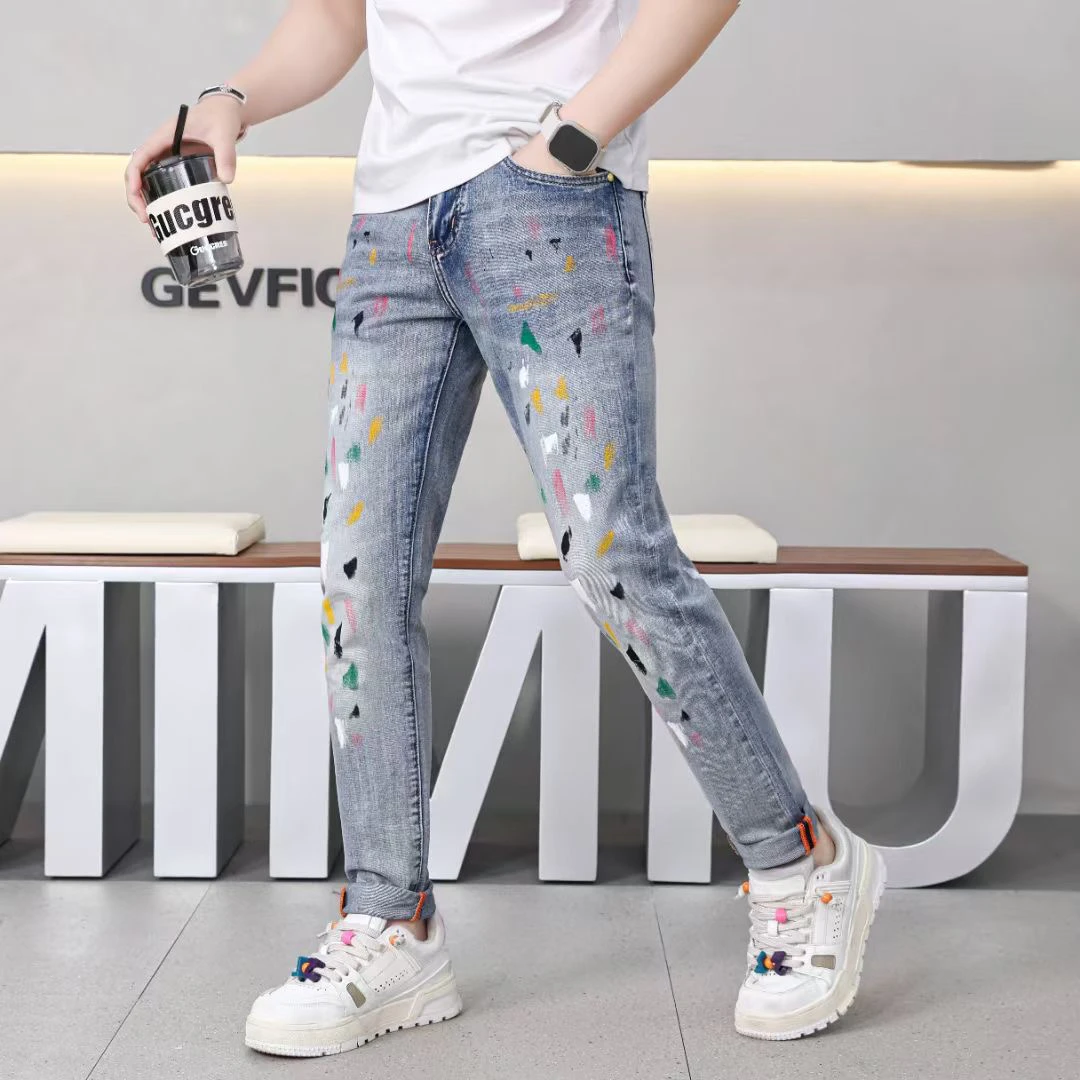 5281夏季弹力时尚薄款修身印花潮流韩版男士小脚牛仔长裤