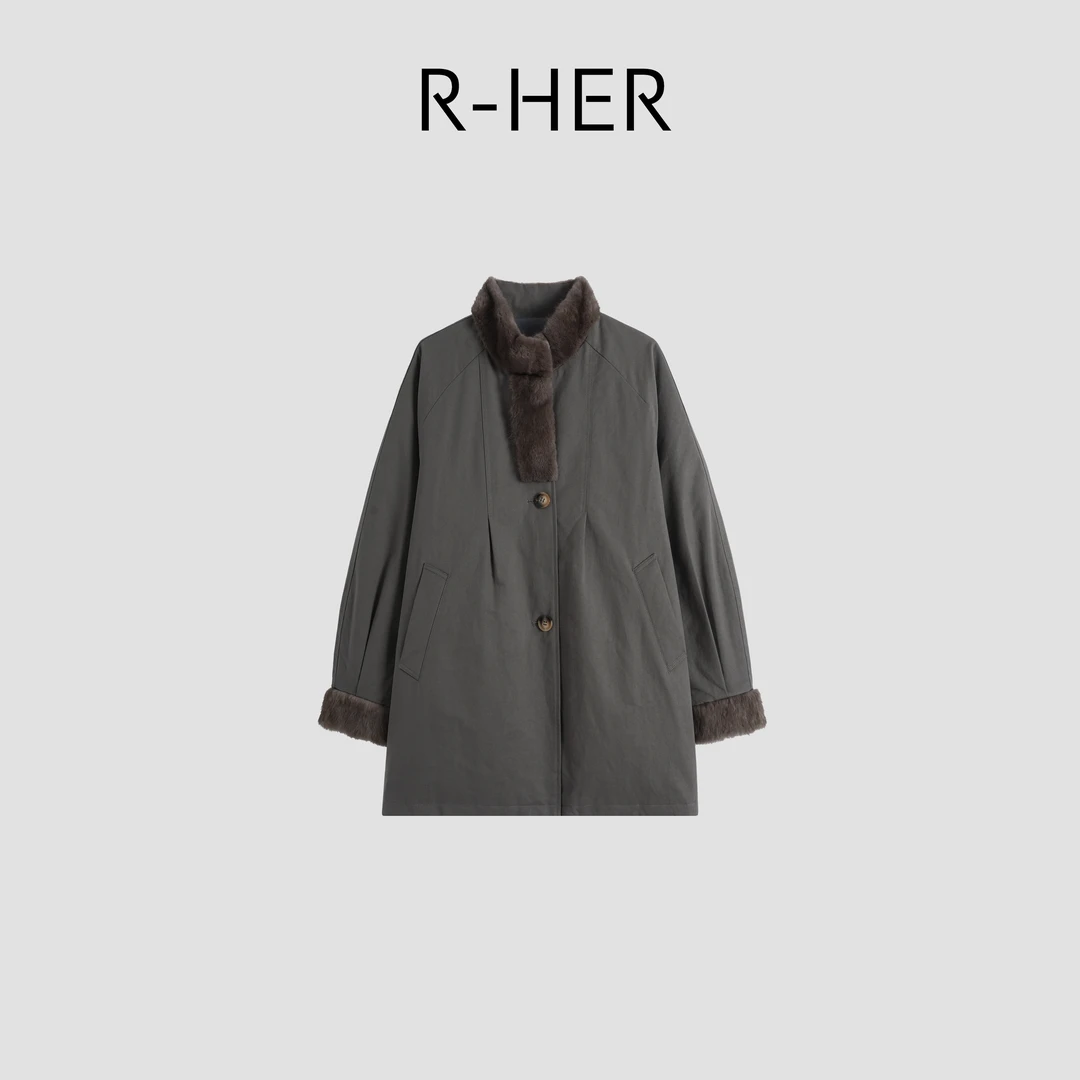 R-HER“安谧暖冬”90白鹅绒保暖立领时尚气质百搭风衣外套RW5NC5267