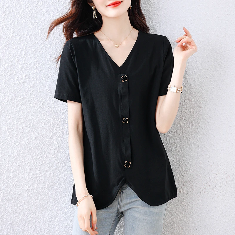 妈妈时尚休闲短袖T恤女夏季新款2025大码宽松遮肚简约夏装V领上衣