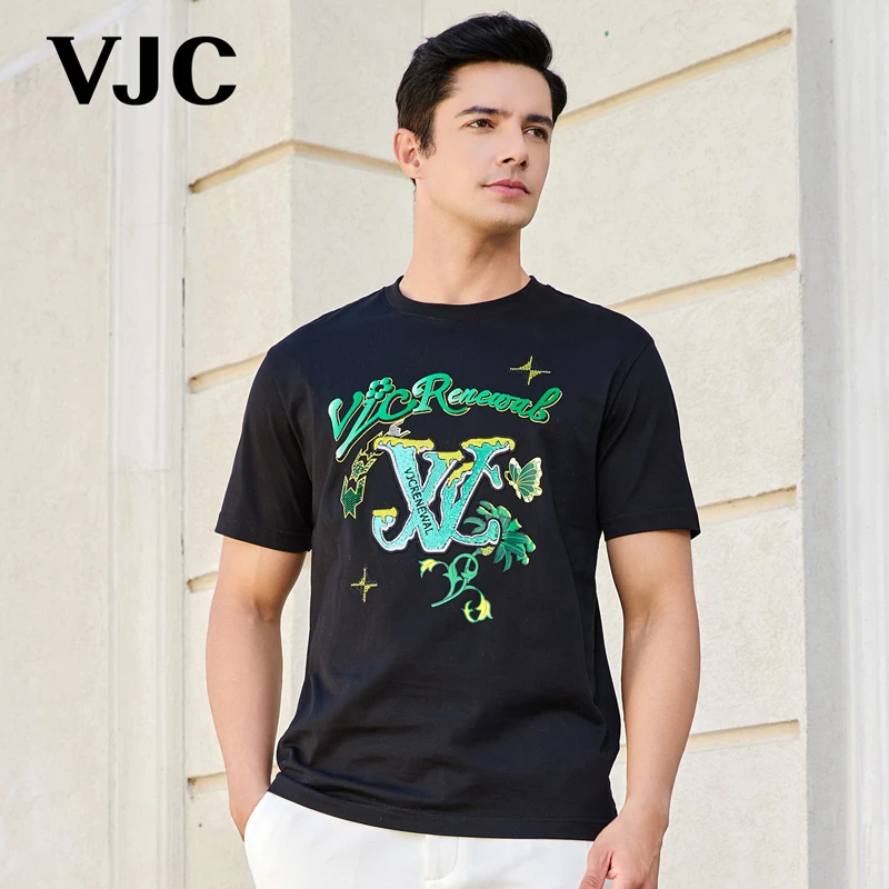 VJC/威杰思2025春季新款男装时尚休闲短袖T恤潮流烫钻B24BA1035