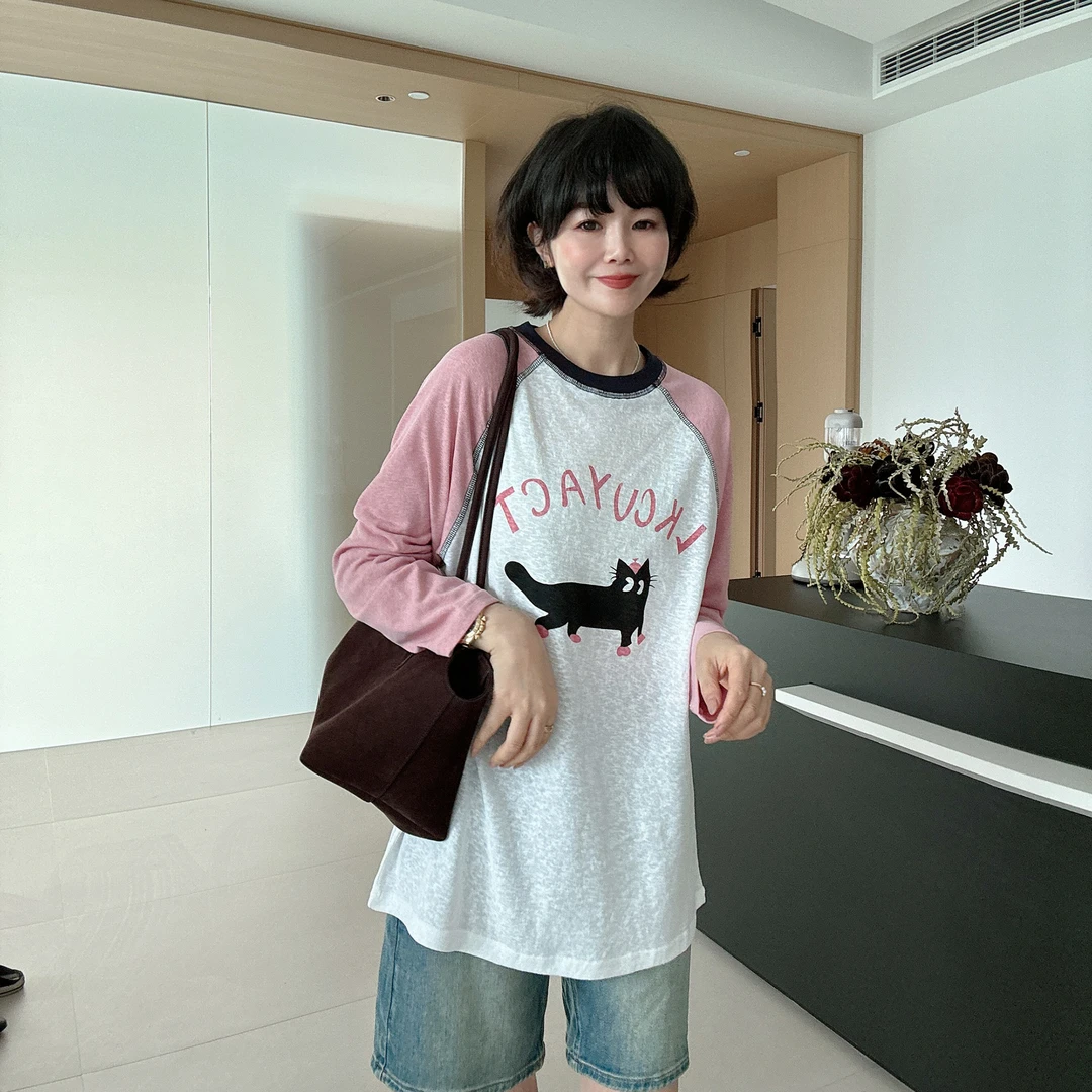 夏季韩版宽松圆领撞色插肩袖卡通长袖T恤防嗮衫