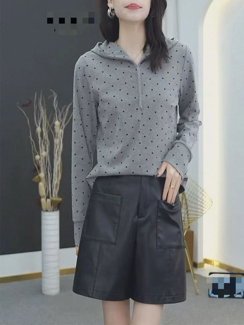 拉链波点插肩袖长袖修身型T恤套装连帽薄款宽松套头