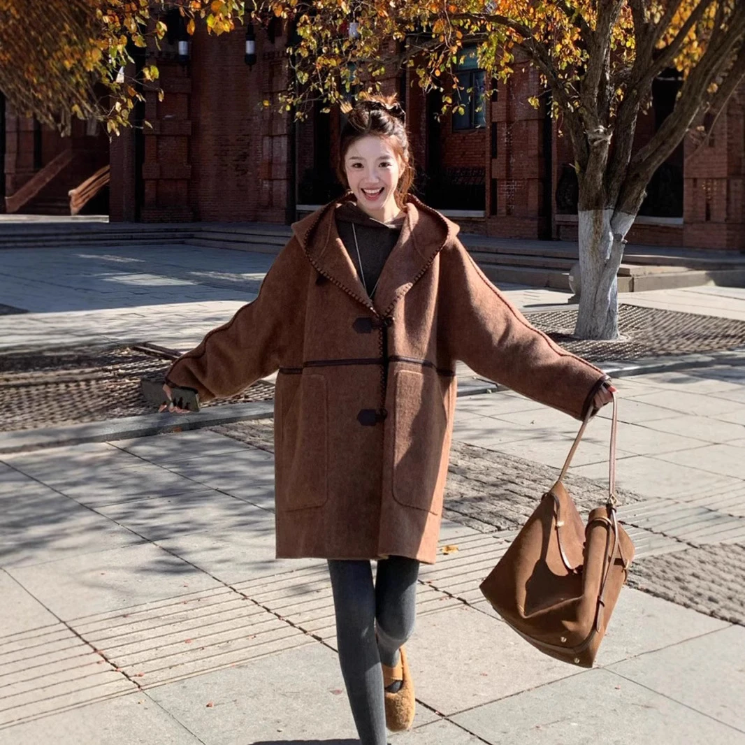 F羊驼毛牛角扣中长款毛呢大衣241053外套